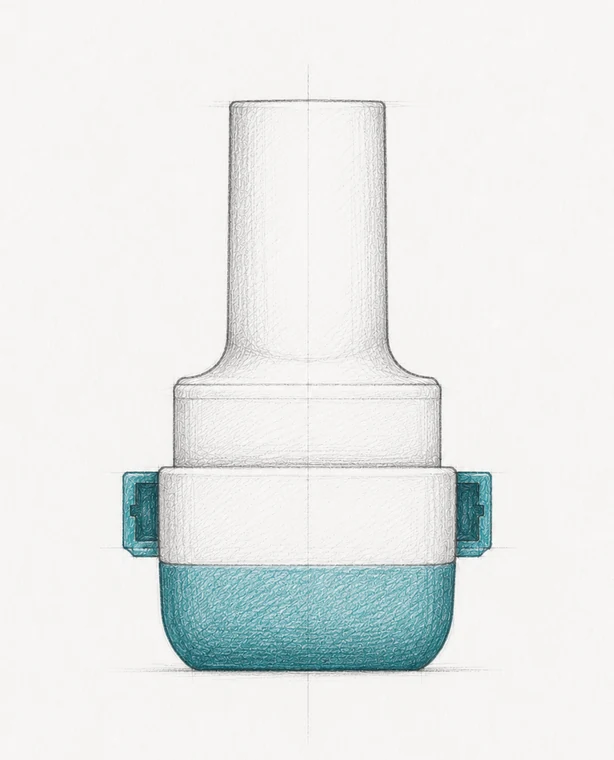 Industrial-design concept sketch of an RS01 inhaler with a clip-on Respiro add-on sensor